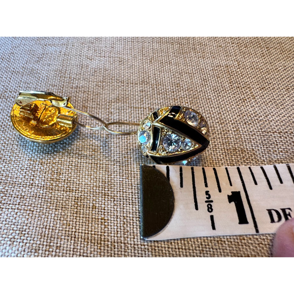 Vintage KJL Black Earrings Enamel Clear Crystal Gold Plated Pierced - Picture 2 of 5